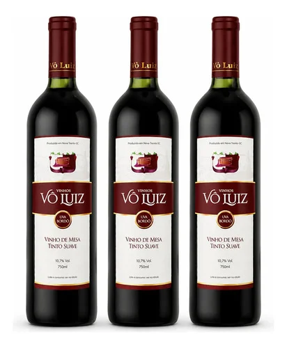 Kit 3 Vinho Tinto Suave Bordô Garrafa 750ml Vô Luiz Original