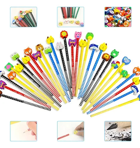 Kit 30 Lapis Hb Grafite C Borracha Bichinhos Fofos Divertido