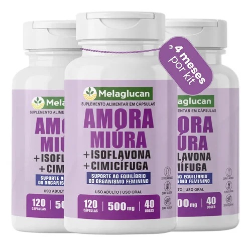 Kit 3x Amora Miúra + Isoflavona + Cimícifuga 360 Cápsulas 500mg Suplemento Menopausa Climatério Equilíbrio Hormonal Tpm Bem-estar Saúde Feminina Natural Zero Lactose Zero Glúten Sem Sabor Melaglucan