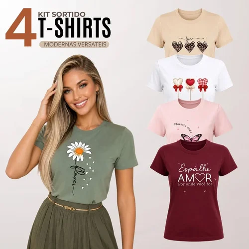 Kit 4 Blusa Feminina Blusa Camiseta T-shirt 100% Algodão