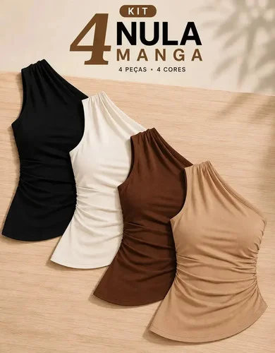 Kit 4 Blusa Nula Manga Feminina Elegante Franzido Assimétric Preto Branco Marrom Nude G