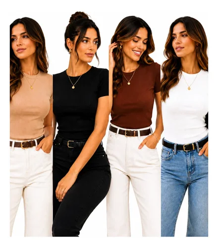Kit 4 Blusas Feminina Ribana Canelado Estilosa Básica Casual