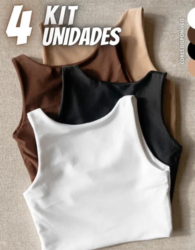 Kit 4 Blusas Regata Feminina Suplex Tshirt Básica Casual Preto + Branco + Marrom + Nude Liso G/gg (40-42)