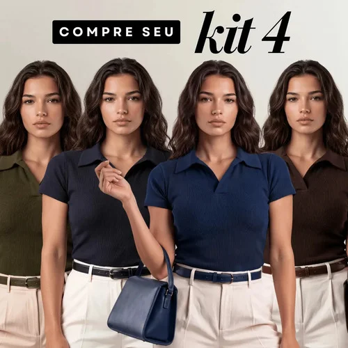 Kit 4 Camisa Gola Polo Feminina Canelada Manga Curta Lisa Preto, Marrom, Verde E Azul G/gg (44/48) Liso