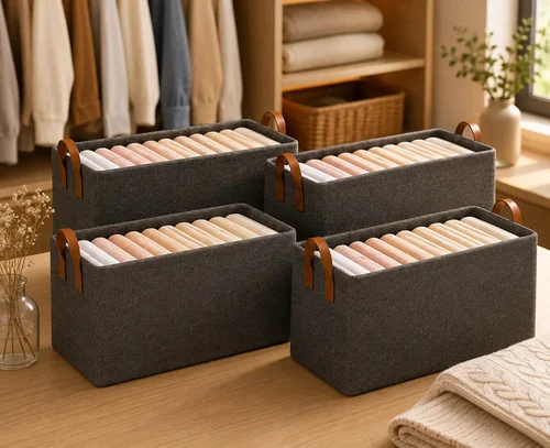 Kit 4 Cestos Organizadores Dobráveis Guarda Roupa Armário Cinza