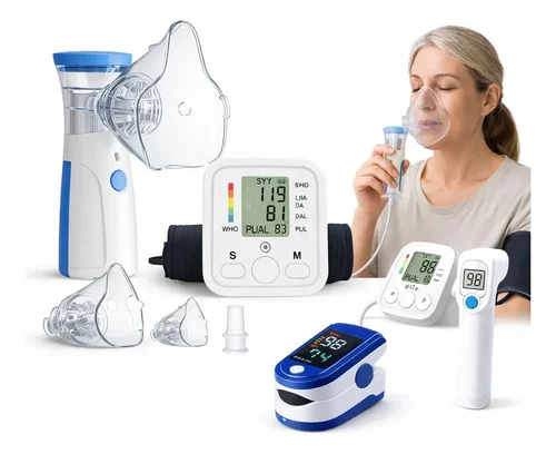 Kit 4 Em 1 Aparelho Pressão Termômetro Inalador Oxímetro Branco
