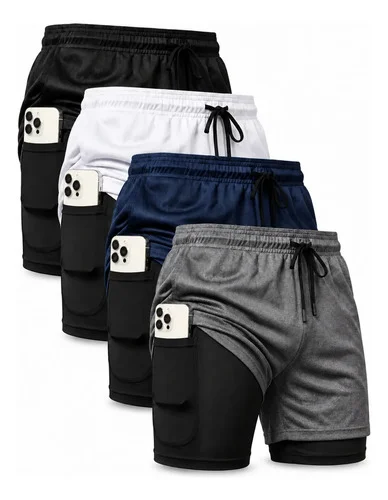 Kit 4 Shorts 2 Em 1 Duplo Dryfit Masculino Compressão Preto/branco/cinza/azul Lisa G