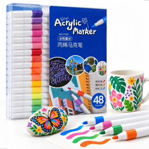 Kit 48 Canetas Acrílicas Ponta Pincel Multiuso para Pedra Vidro Cerâmica Madeira Tela DIY