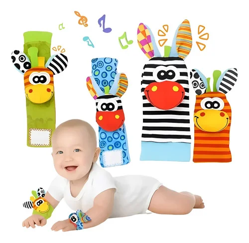 Kit 4pçs Meia E Pulseira Chocalho Bebê Brinquedo Sensorial Colorido