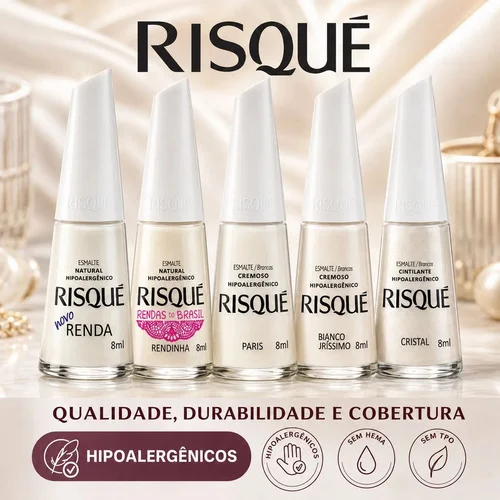 Kit 5 Esmaltes Risque Atacado Manicure Renda Francesinha Francesinha Branco Claro Transparente Renda Rendinha Cristal Paris Bianco