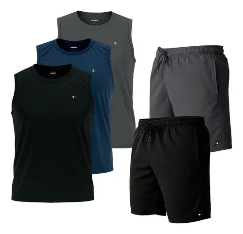 Kit 5 Pçs 3 Camisas Regata Dry-fit Sandrini +2 Short Tactel Sortidos Lisa Gg