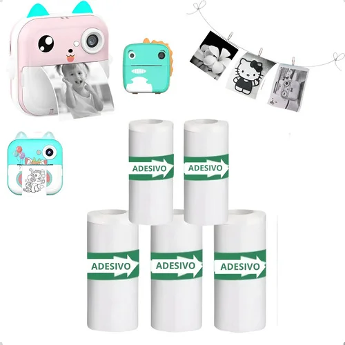 Kit 5 Rolos Papel Termico Adesivo Camera Infantil Impressora Branco