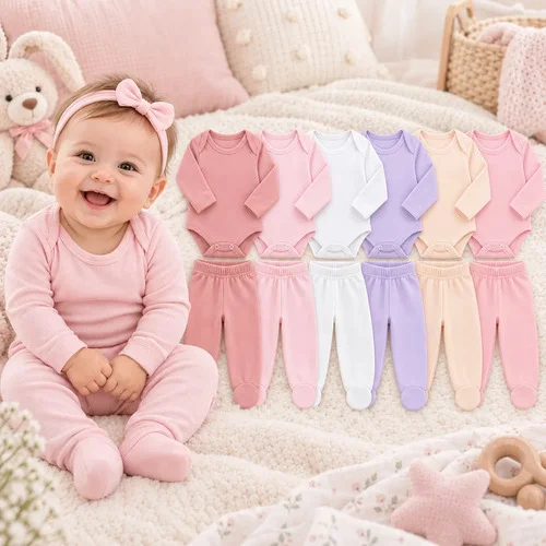 Kit 6 Pç Body Manga Longa Mijão Roupa De Bebê Algodão Menina Menina Sortido Recém Nascido