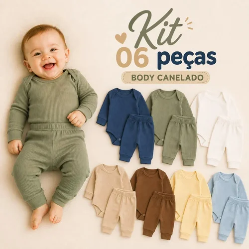 Kit 6 Peças Body Canelado Bebê Menino Manga Longa Calça