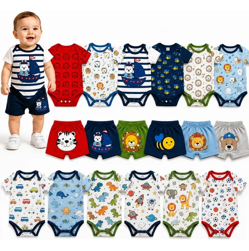 Kit 6 Peças Roupa De Bebê Body Divertido Estampado Algodão Sortido P (0-2 Meses) Animal Print