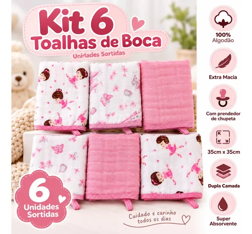 Kit 6 Toalha De Boca Paninho Bebe Fralda Soft Algodão Dupla