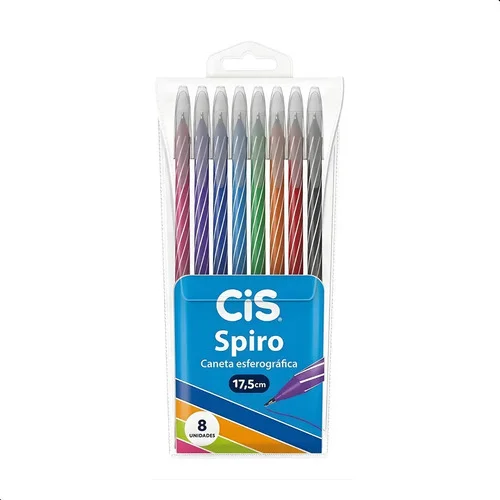 Kit 8 Canetas Esferográficas Cis Spiro 0.7mm Ponta Fina | Conjunto 8 Cores Para Estudo, Planner, Bullet Journal E......... Azul/preta/vermelha/roxa/rosa/verde/azul Claro/laranja