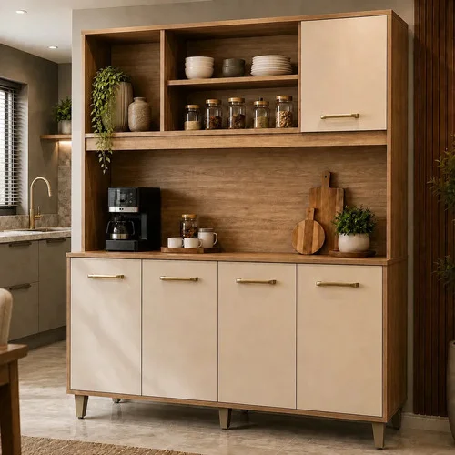 Kit Armário de Cozinha Nicioli Magazin 120 5 Portas Freijó/Off White Cristal Moderno Compacto Organizador Resistente