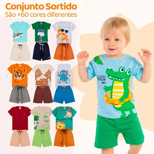 Kit Bebê 10 Peças Menino Conjunto 5 Shorts + 5 Camisetas Kit 5 Conjuntos Sortidos 2 (veste 1 Ano)