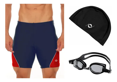 Kit Bermuda Natação Esportiva Touca De Tecido E Óculos Uv