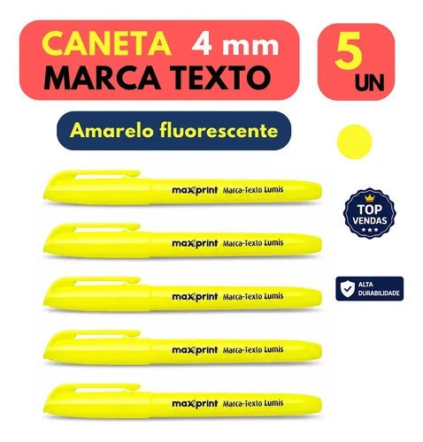Kit Caneta Marca Texto Amarela Fluorescente Neon 5 Unidades 5x Marca Texto Amarelo Neon
