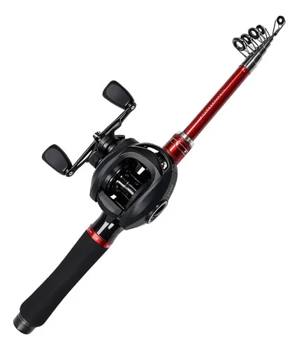 Kit Carretilha Molinete Pesca + Vara De Pesca Telescopica Preto Direito