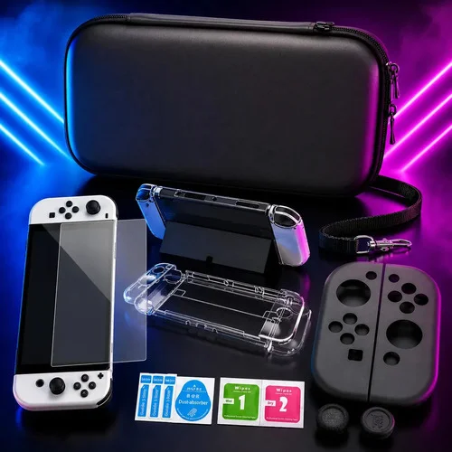 Kit Case Com Película E Grips Para Nintendo Switch Oled Capa Cor Preto