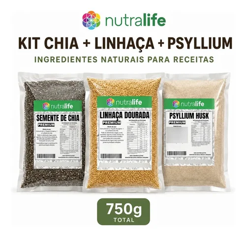 Kit Chia + Linhaça Dourada + Psyllium - Natural - 750g