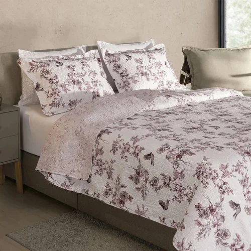 Kit Cobre Leito Colcha Casal 3 Peças Boutis Dupla Face Porta Travesseiro Aba Americana Sofia Rosé