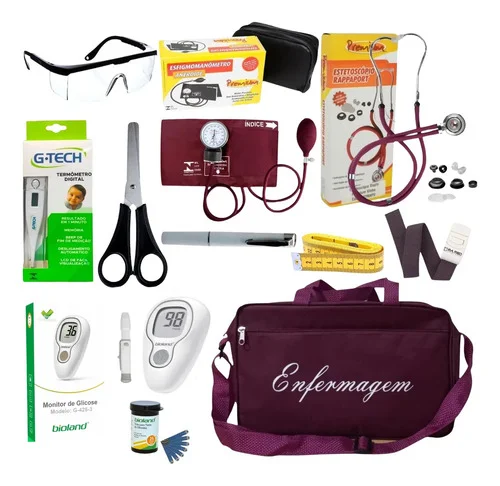 Kit De Enfermagem Luxo Vinho Premium Com Medidor De Glicose