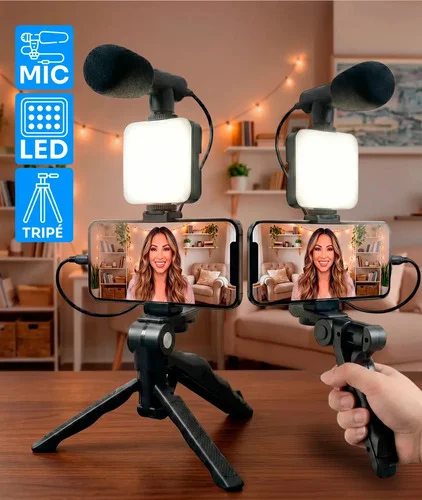 Kit de Gravação Youtuber Tiktoker Video Maker Estabilizador Com Microfone Tripé Led Vlog Profissional Para Celular iPhone/android Luz Led Para Gravação E Fotos Cor Preto - Good Vision