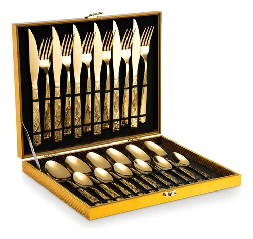 Kit Faqueiro Dourado Luxo Jogo Talheres Inox 24pçs + Maleta