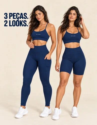 Kit Fitness Feminino: Calça Legging + Top + Shorts Cós Alto Azul-marinho Liso Gg