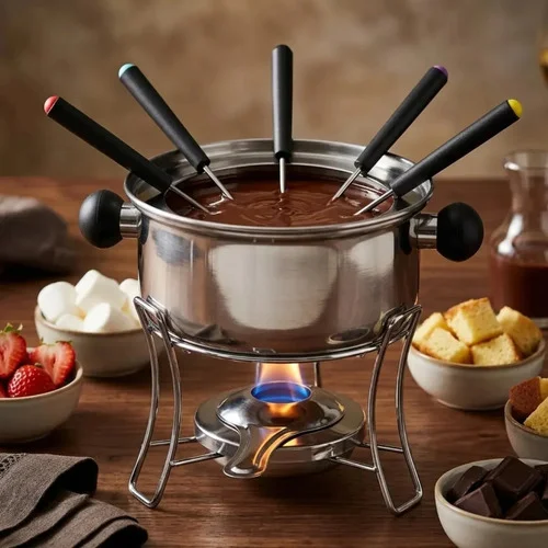 Kit Fondue Jogo De Panela Para Fondue 6 Pessoas Chocolate Ou Queijo 10 peças 1L Inox Inverno Frio Pítia