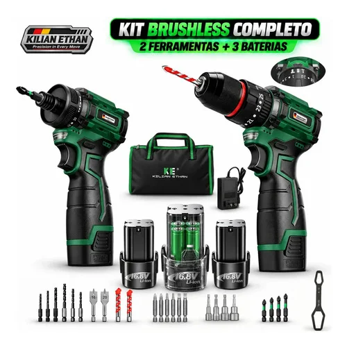 Kit Furadeira de Impacto e Parafusadeira Brushless | 3 Baterias 16,8V | completo de acessórios | Kilian Ethan