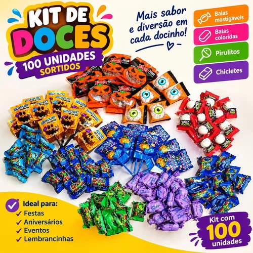 Kit Halloween 100 Doces Sortidos Pirulitos Chicletes Balas