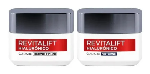 Kit Hidratante Facial L'Oréal Paris Revitalift Hialurônico Diurno FPS 20 + Noturno, Tratamento Antirrugas e Preenchedor com Ácido Hialurônico Puro, 49g