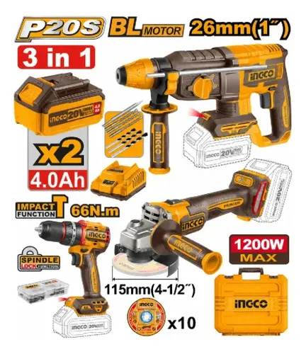 Kit Ingco 20v 3 Em 1 Martelete Parafusadeira Esmerilhadeira