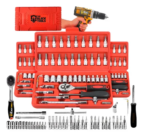 Kit Jogo Ferramentas 46 Peças Chave Fenda Philips + Soquetes Vermelho E Preto
