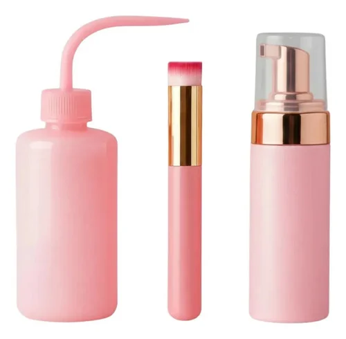 Kit Limpeza e Higienização de Cílios Monamor Cosméticos c/ Pump Espumador, Pincel e Pisseta Rosa