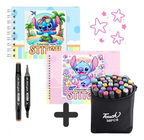 Kit Livro De Pintar Colorir Capa Dura Desenhos Stitch + 36 Canetinhas Hidrográficas Infantil Original Presente Criativo Menina Menino Escolar Diversão Educativo Antiestresse Adulto Criança