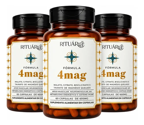 Kit Magnésio Rituária Fórmula 4mag, 3 Unidades, 180 Cápsulas Kit 4mag Rituária Original 180 Cápsulas
