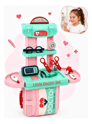 Kit Médico Infantil Maleta Doutor 3 em 1 Vira Bancada Brinquedo Médico Enfermeira Faz de Conta Profissões com Acessórios Educativo Plástico Sem Pilha Menina Kizumba