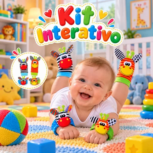 Kit Meias E Pulseiras 4 Peças Chocalho Bebê Infantil Promoçã Colorido Animal Print