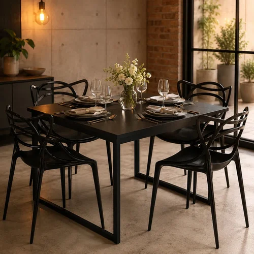 Kit Mesa Ferro Industrial 120x80cm C/ 4 Cadeiras Monobloco Preto/preto