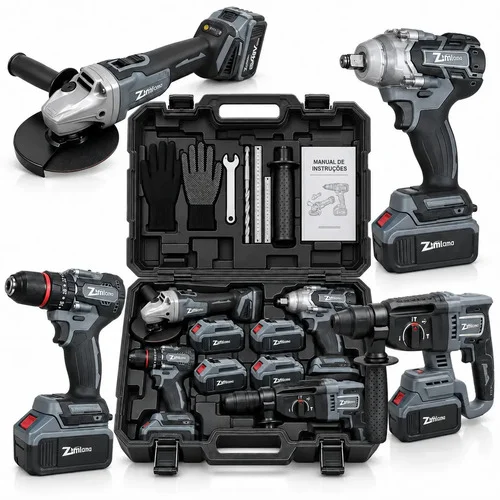 Kit Multi Ferramentas 4 Em 1 Sem Fio 48v Com 4 Baterias Parafusadeira Esmerilhadeira Martelete Chave Impacto