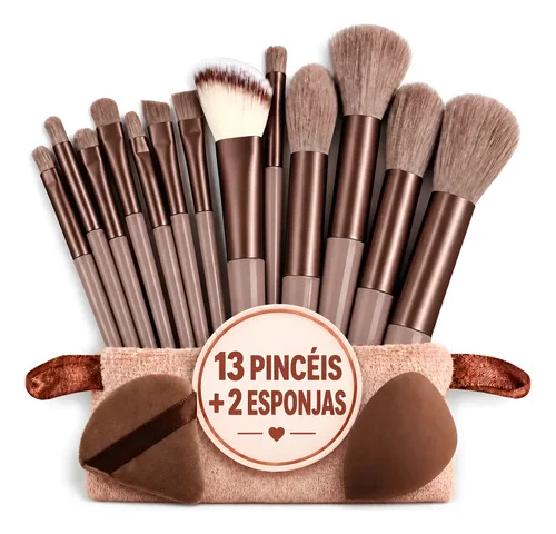 Kit Pincéis De Maquiagem 15 Peças: 13 Pincéis + 2 Esponjas Marrom