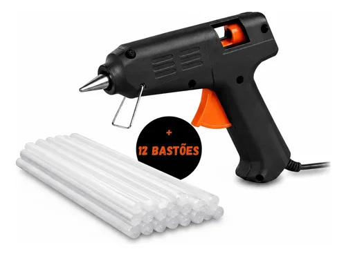 Kit Pistola Cola Quente 20w + 12 Bastões Cola Branca Bivolt Preto 127/220v