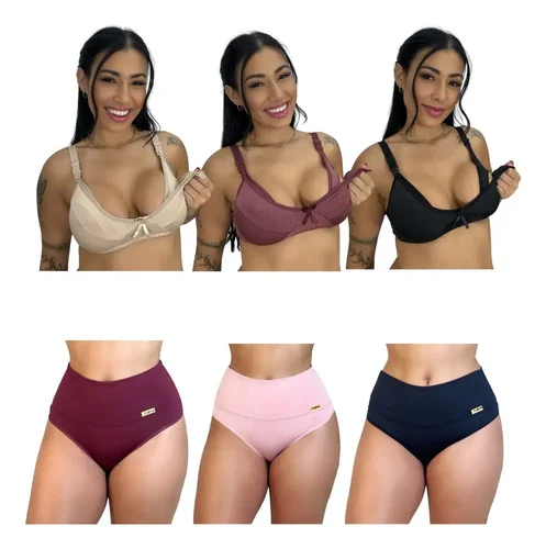 Kit Pós Parto 3 Calcinha Compressão + 3 Sutiã Amamentação