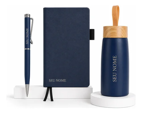 Kit Presente 3 Peças De Luxo  Personalizado Com S/ Nome Azul-escuro